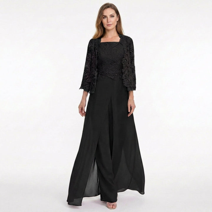 Women’s Structured Pantsuit Set – Lace Jacket Split Hem