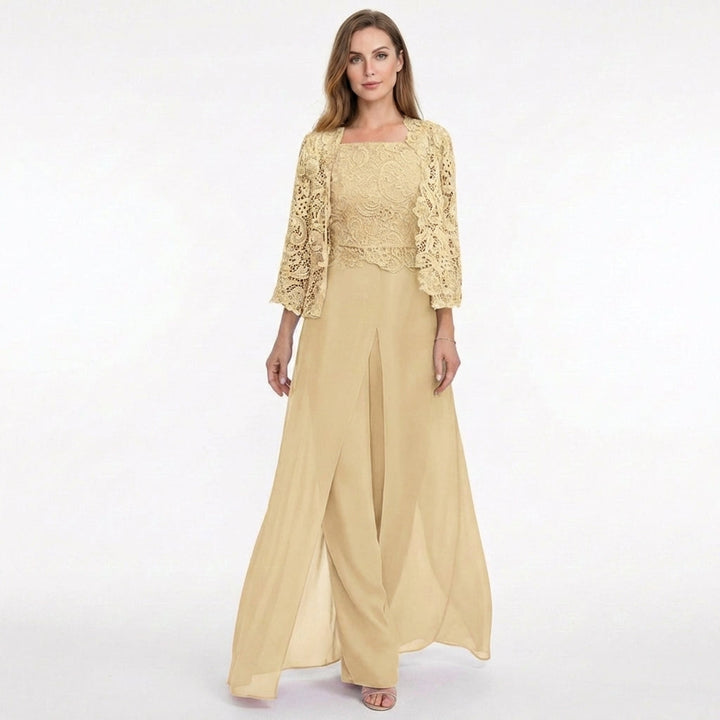 Women’s Structured Pantsuit Set – Lace Jacket Split Hem