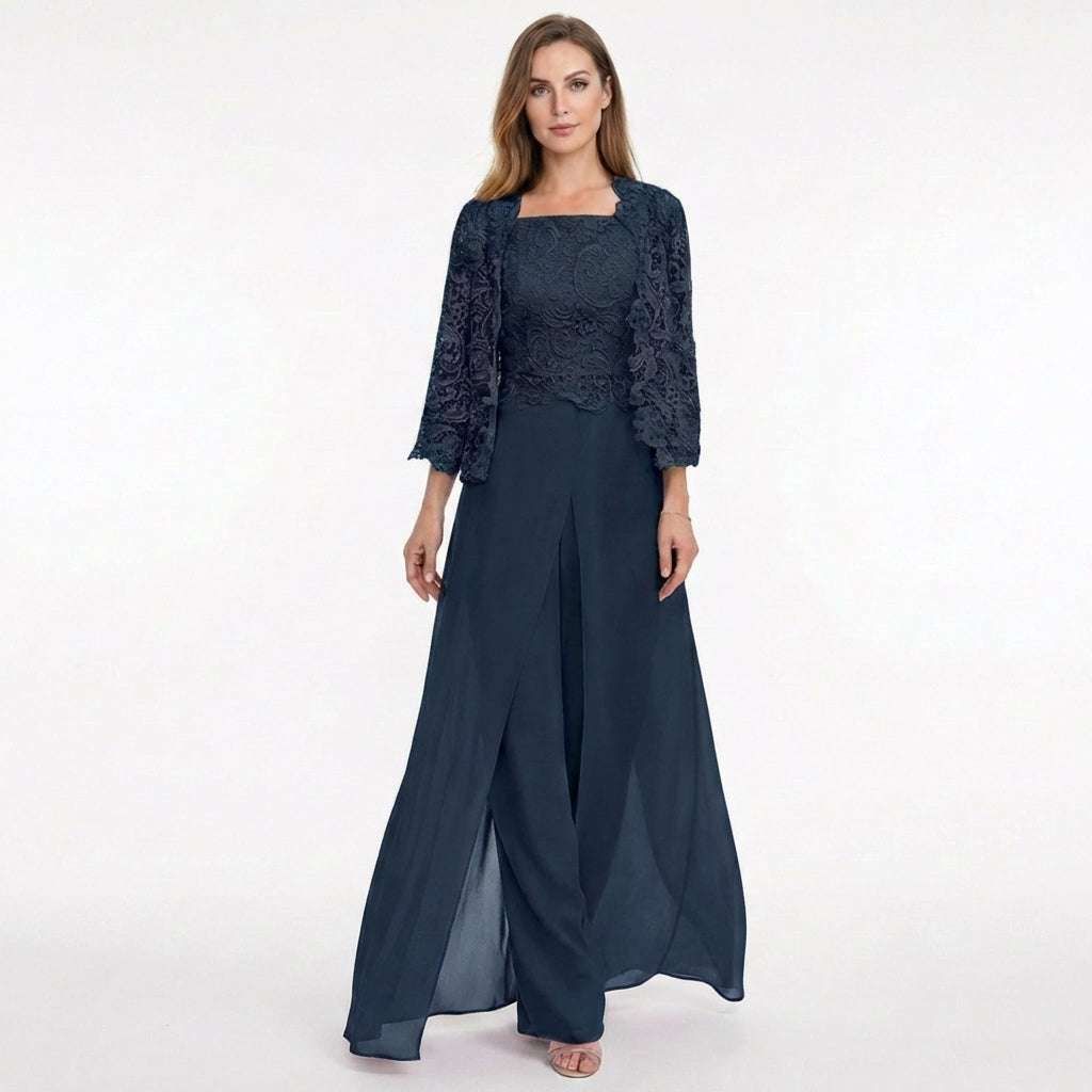 Women’s Structured Pantsuit Set – Lace Jacket Split Hem