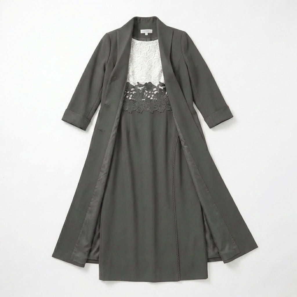 Women’s Two Piece Dress Set – Longline Jacket Lace Panel