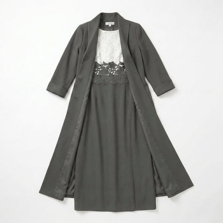 Women’s Two Piece Dress Set – Longline Jacket Lace Panel