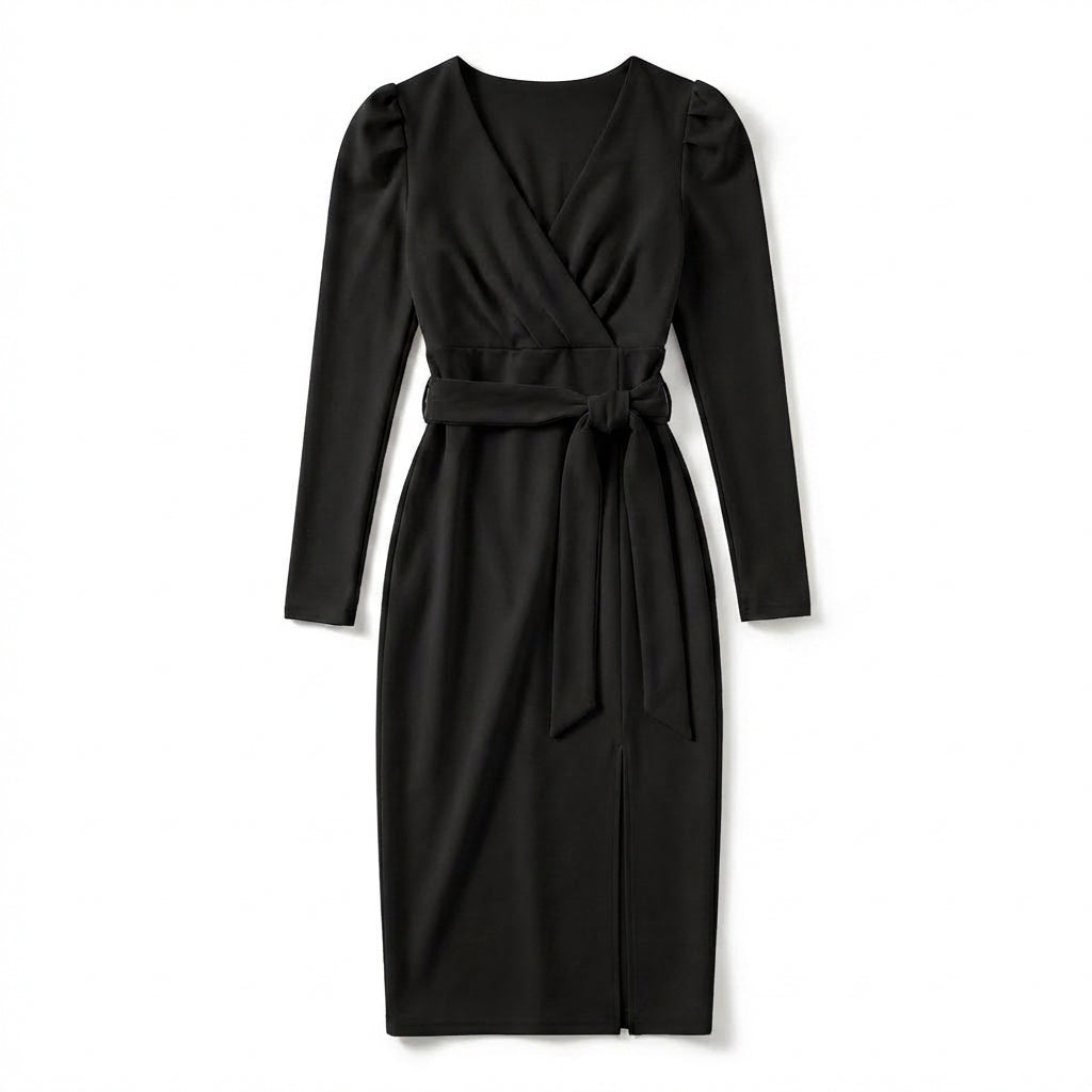 Women’s V Neck Bodycon Dress – Long Sleeve Tie Waist