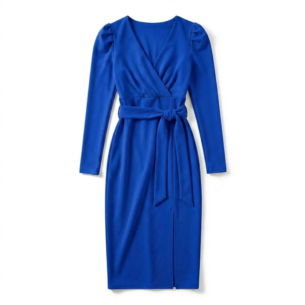 Women’s V Neck Bodycon Dress – Long Sleeve Tie Waist