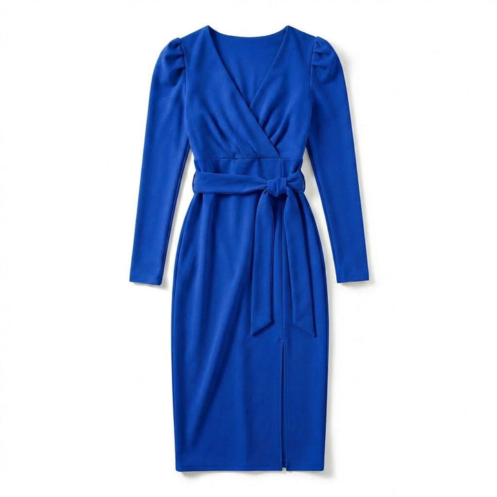 Women’s V Neck Bodycon Dress – Long Sleeve Tie Waist