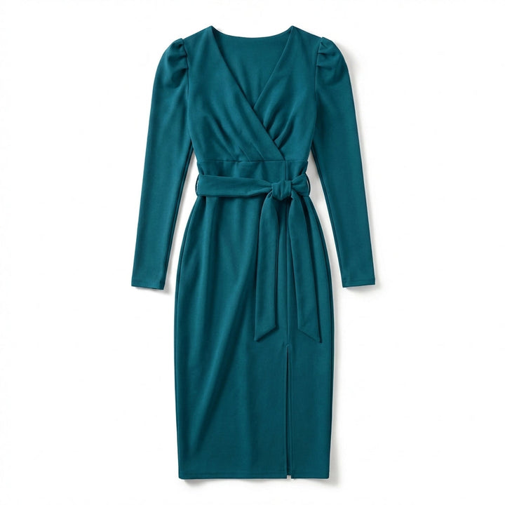Women’s V Neck Bodycon Dress – Long Sleeve Tie Waist