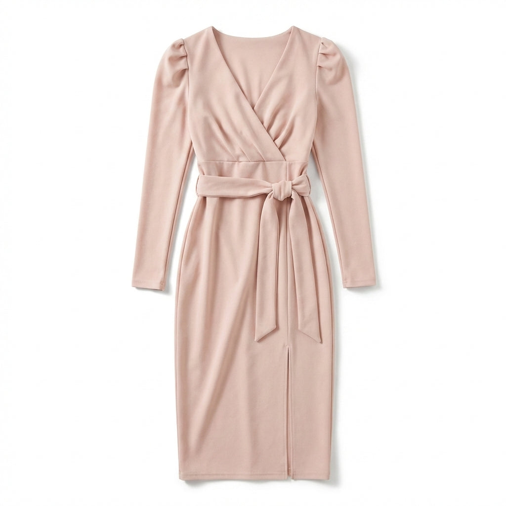 Women’s V Neck Bodycon Dress – Long Sleeve Tie Waist