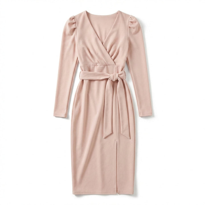 Women’s V Neck Bodycon Dress – Long Sleeve Tie Waist