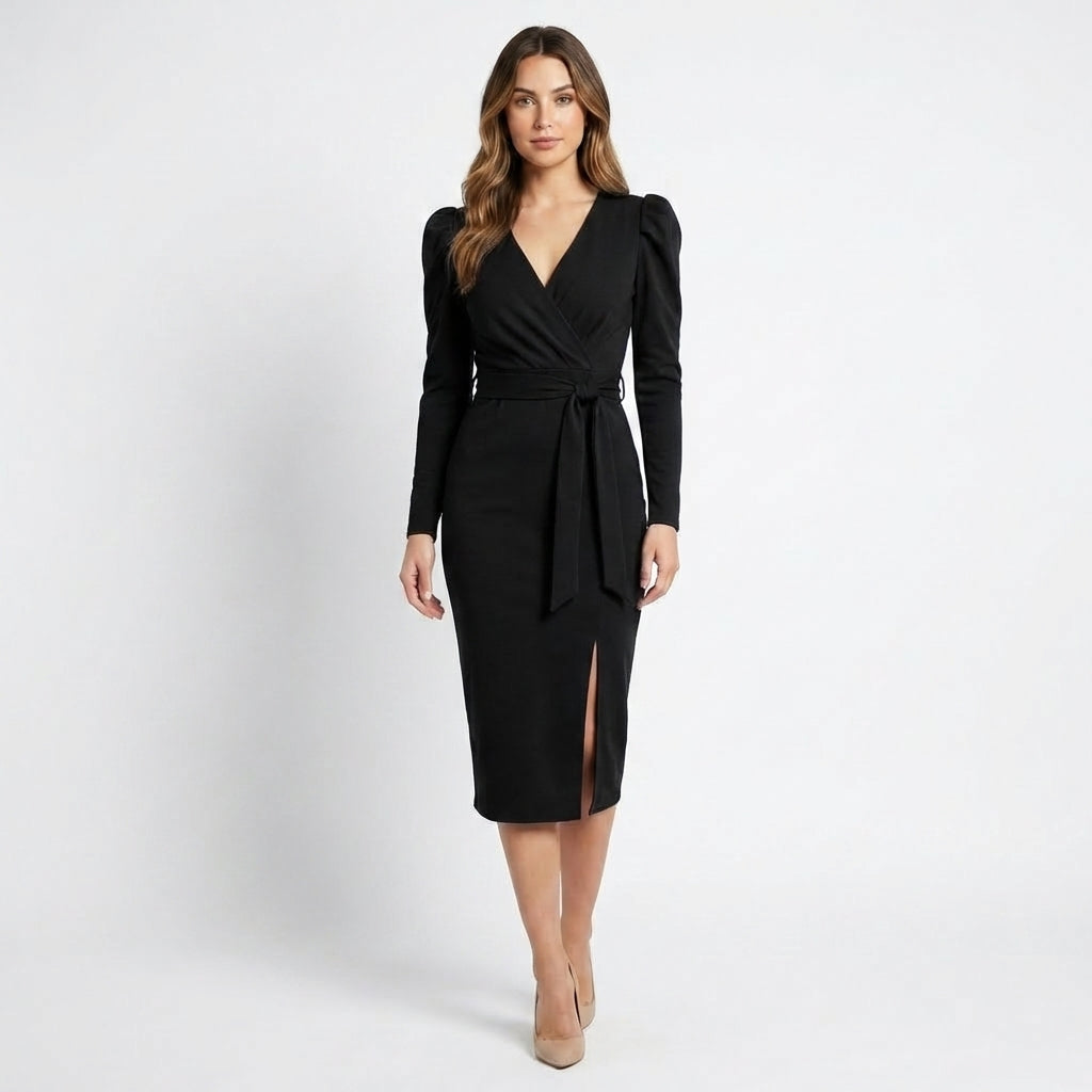 Women’s V Neck Bodycon Dress – Long Sleeve Tie Waist