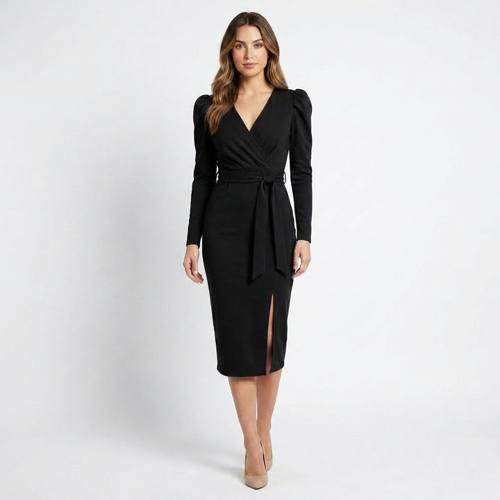 Women’s V Neck Bodycon Dress – Long Sleeve Tie Waist