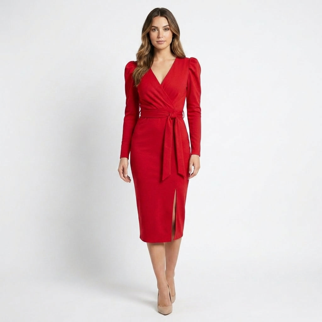 Women’s V Neck Bodycon Dress – Long Sleeve Tie Waist