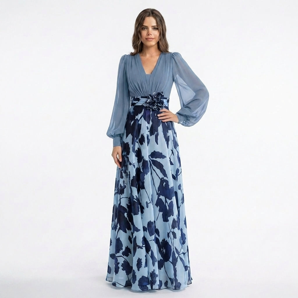 Women’s V Neck Maxi Dress – A Line Chiffon