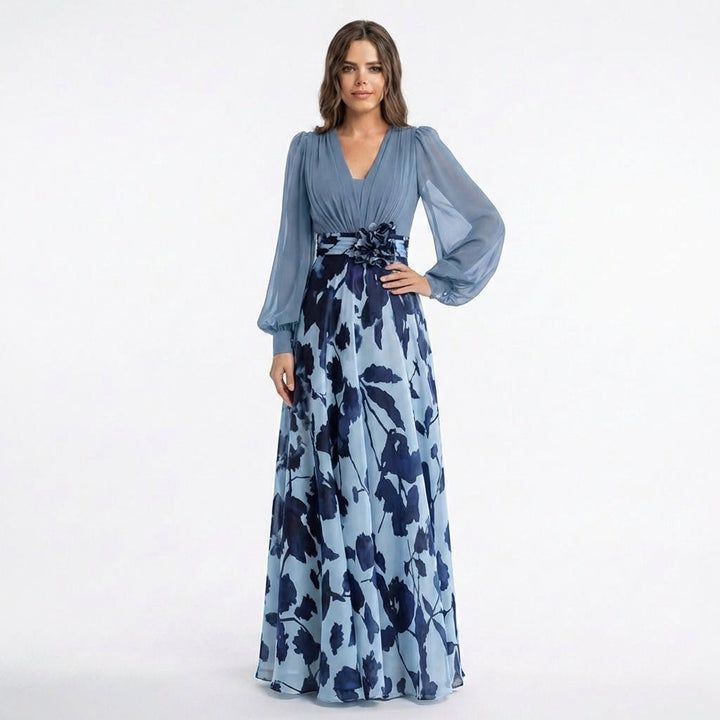 Women’s V Neck Maxi Dress – A Line Chiffon