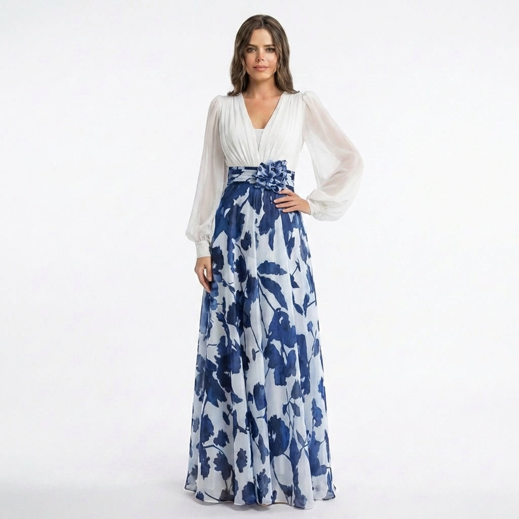 Women’s V Neck Maxi Dress – A Line Chiffon