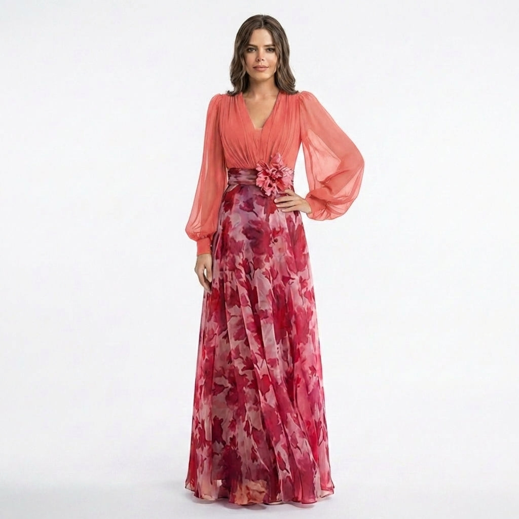 Women’s V Neck Maxi Dress – A Line Chiffon
