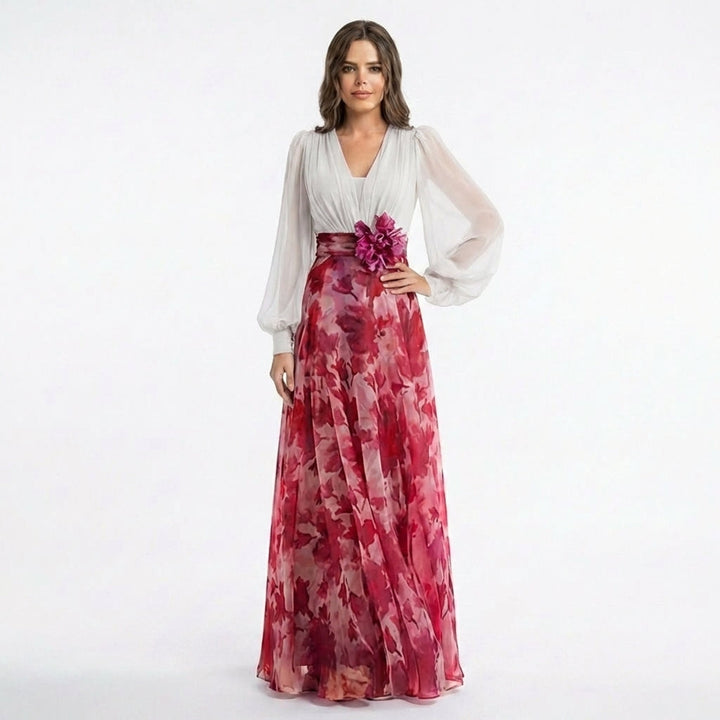 Women’s V Neck Maxi Dress – A Line Chiffon