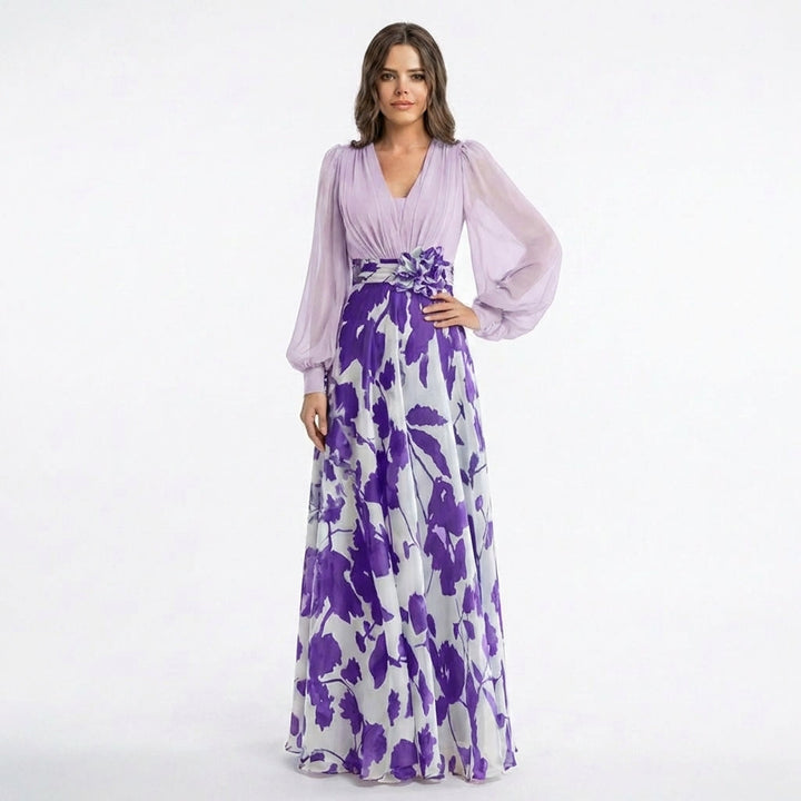 Women’s V Neck Maxi Dress – A Line Chiffon