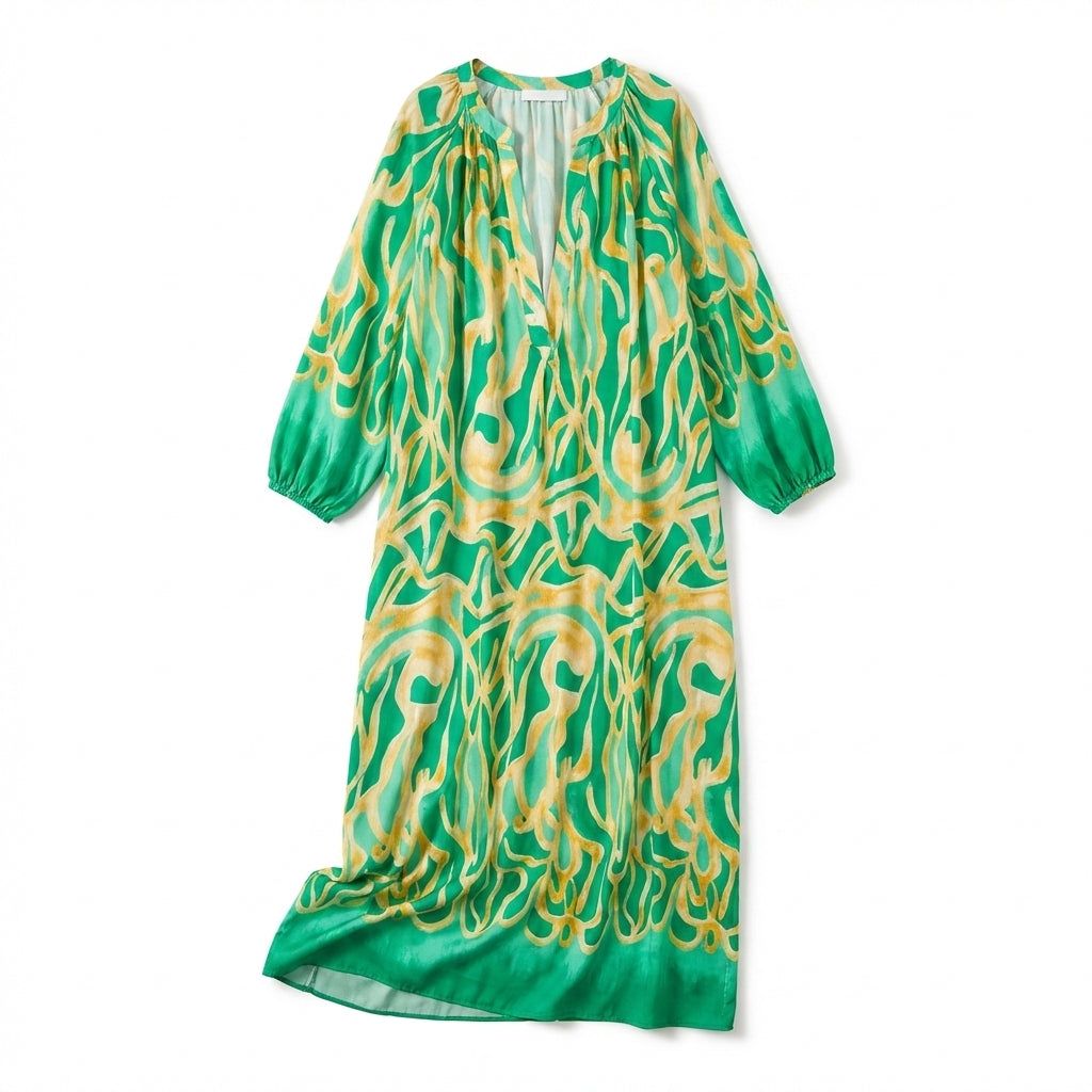 Women’s V Neck Maxi Dress – Long Sleeve Printed