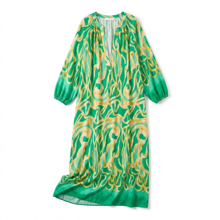 Women’s V Neck Maxi Dress – Long Sleeve Printed