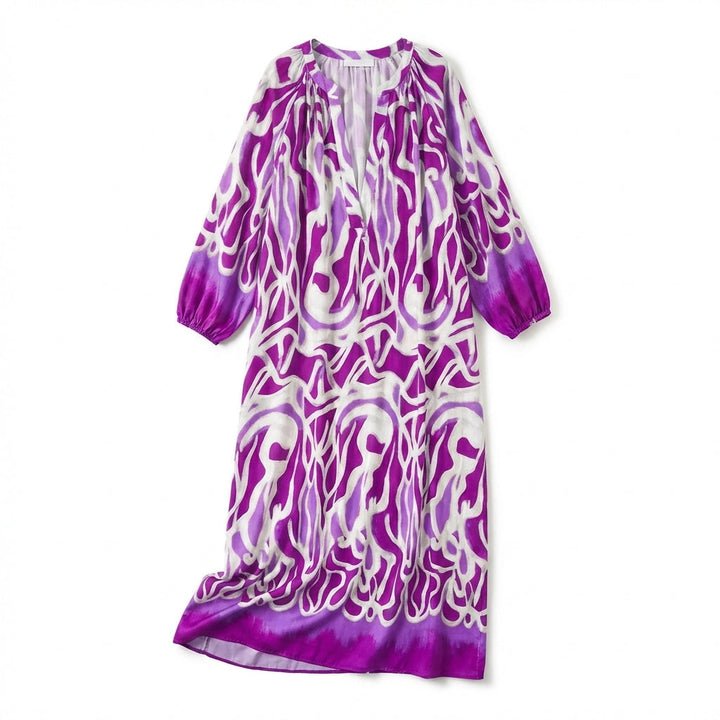 Women’s V Neck Maxi Dress – Long Sleeve Printed