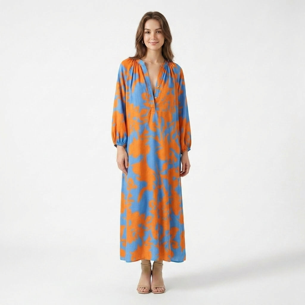 Women’s V Neck Maxi Dress – Long Sleeve Printed