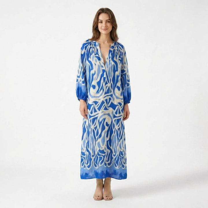 Women’s V Neck Maxi Dress – Long Sleeve Printed