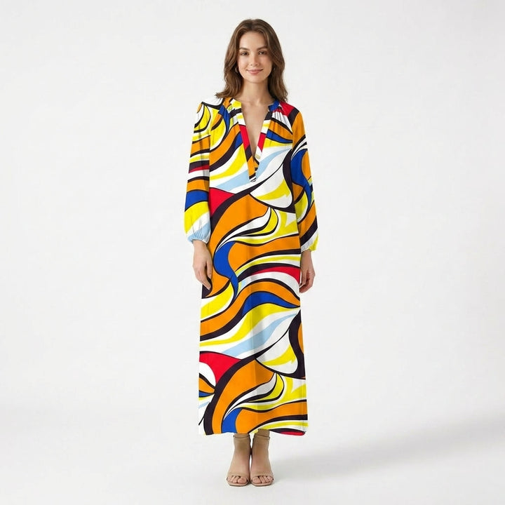 Women’s V Neck Maxi Dress – Long Sleeve Printed