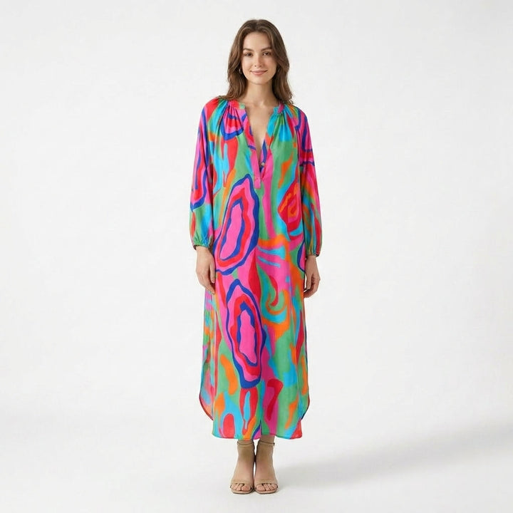 Women’s V Neck Maxi Dress – Long Sleeve Printed
