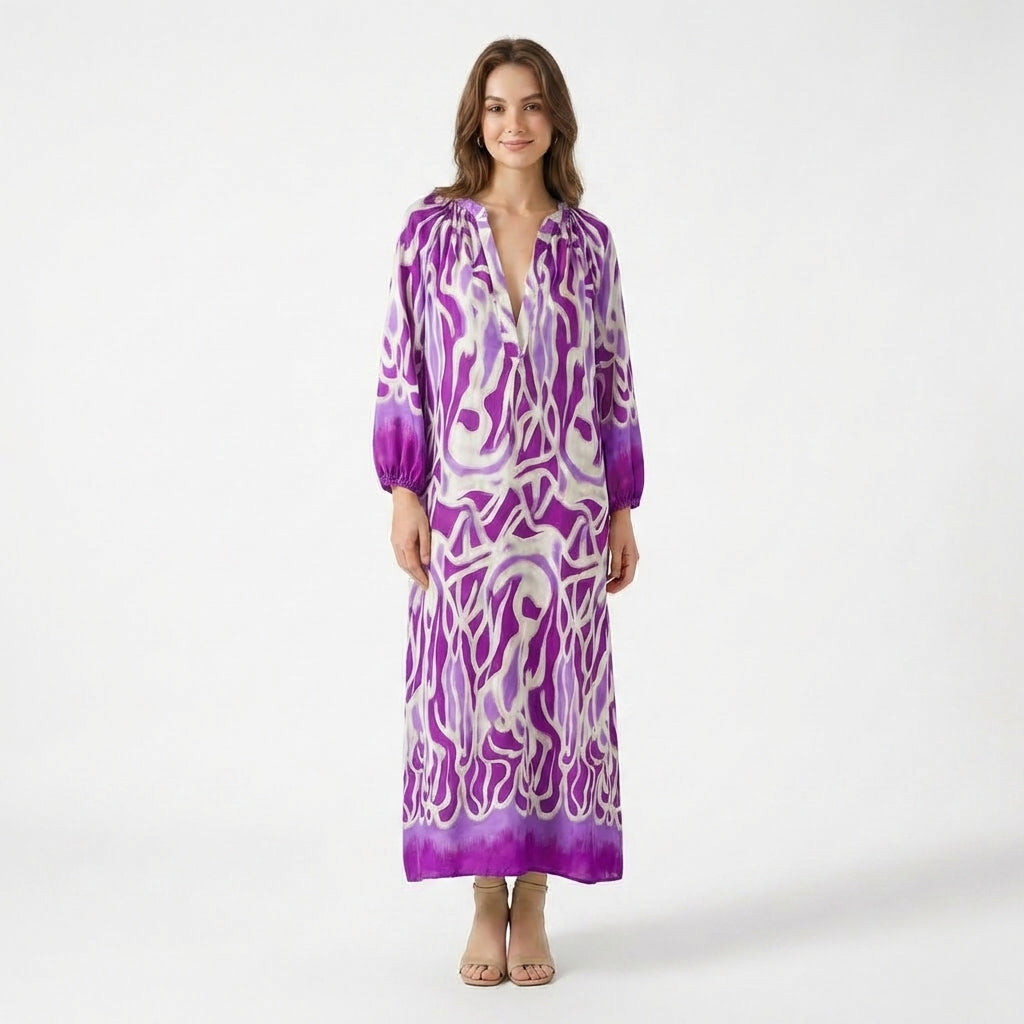 Women’s V Neck Maxi Dress – Long Sleeve Printed