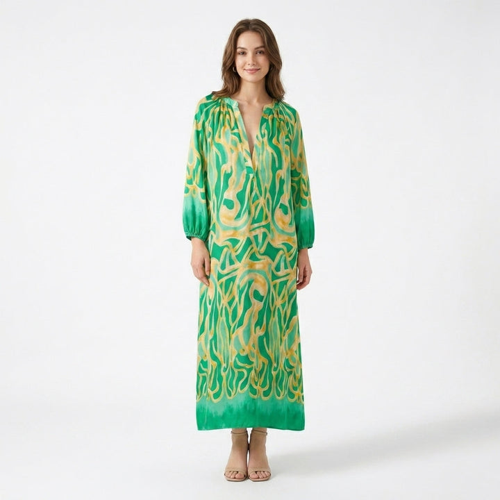 Women’s V Neck Maxi Dress – Long Sleeve Printed