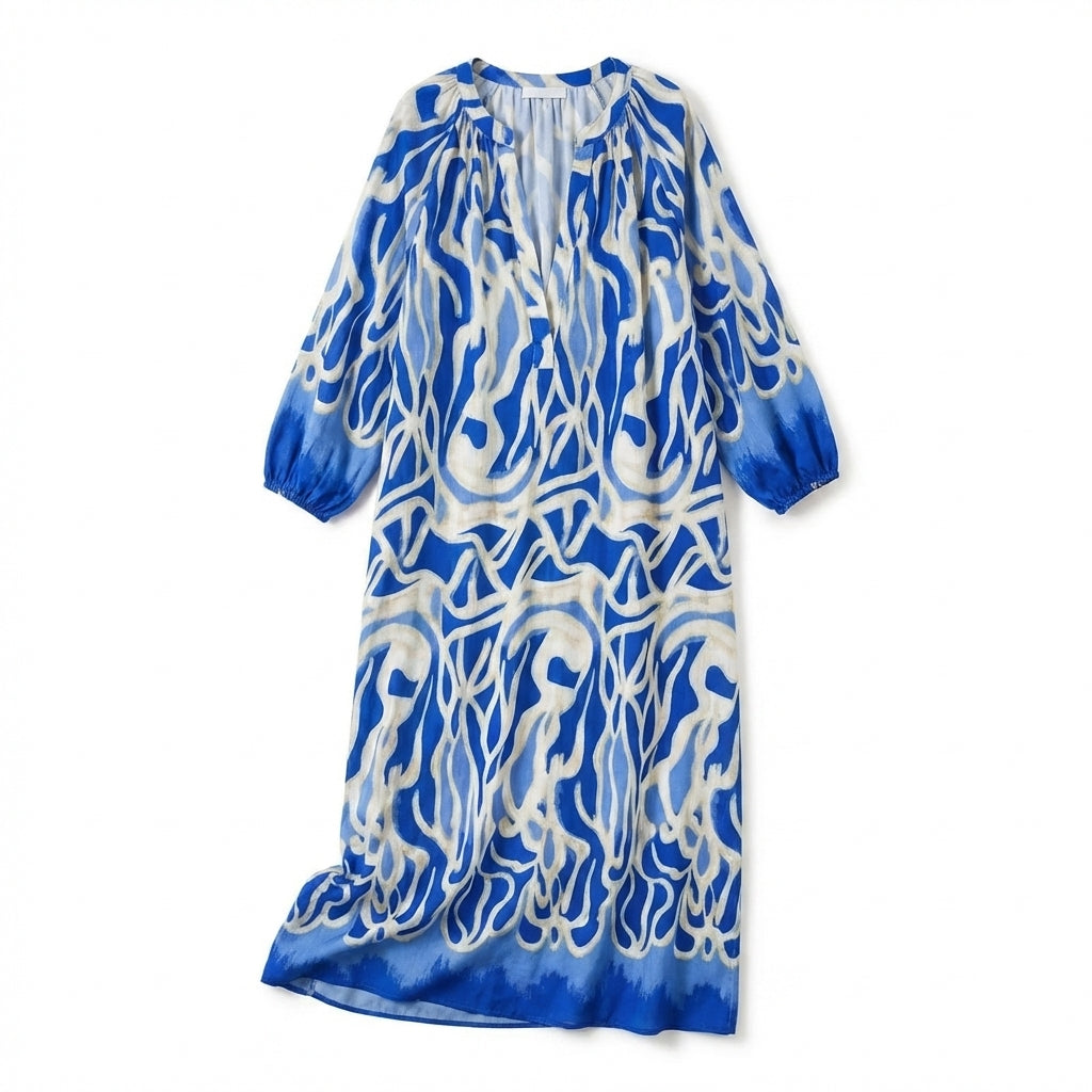 Women’s V Neck Maxi Dress – Long Sleeve Printed