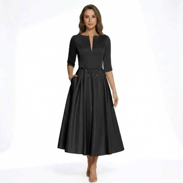 Women’s V Neck Midi Dress – A Line Satin