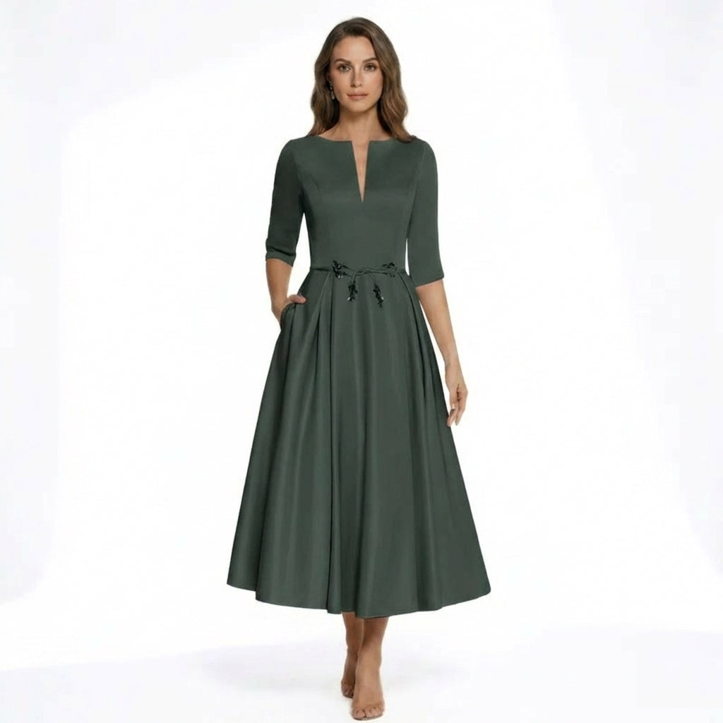 Women’s V Neck Midi Dress – A Line Satin