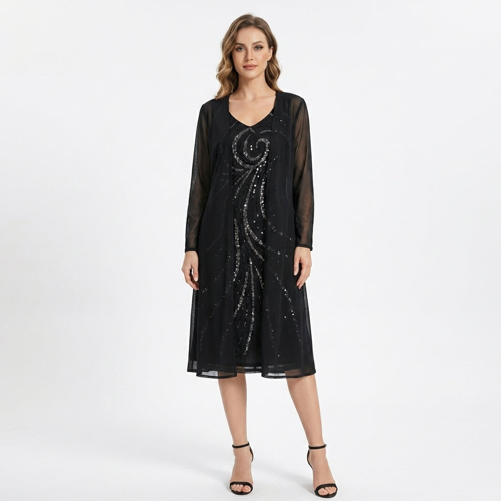 Women’s V Neck Midi Dress – Sheath Sequin Jacket Set