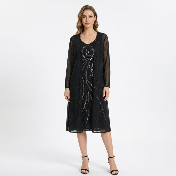 Women’s V Neck Midi Dress – Sheath Sequin Jacket Set