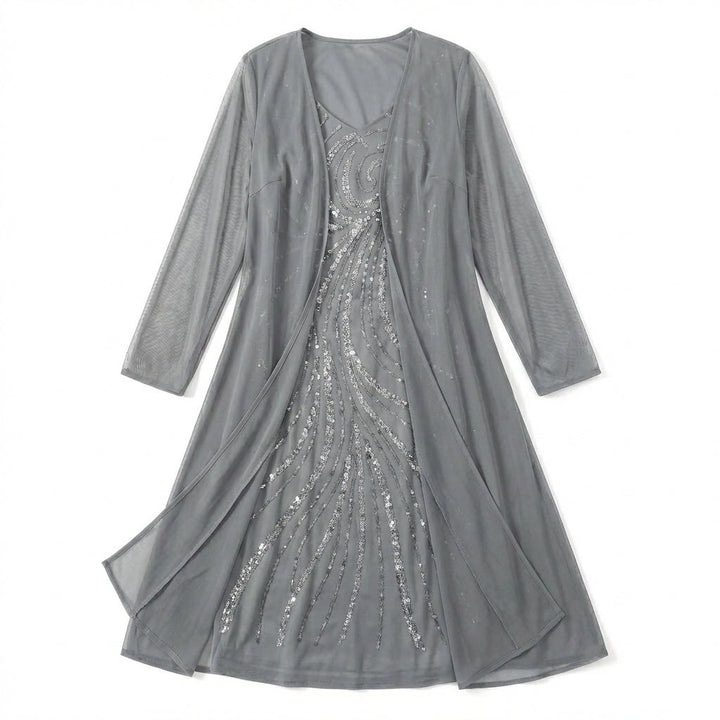 Women’s V Neck Midi Dress – Sheath Sequin Jacket Set
