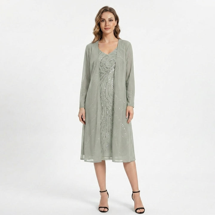 Women’s V Neck Midi Dress – Sheath Sequin Jacket Set