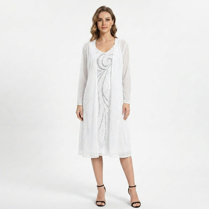 Women’s V Neck Midi Dress – Sheath Sequin Jacket Set