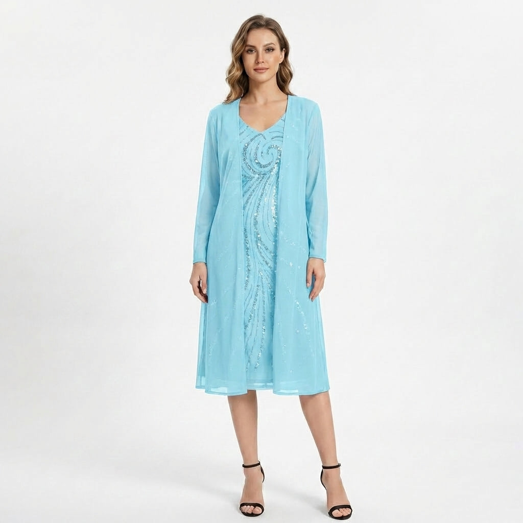 Women’s V Neck Midi Dress – Sheath Sequin Jacket Set