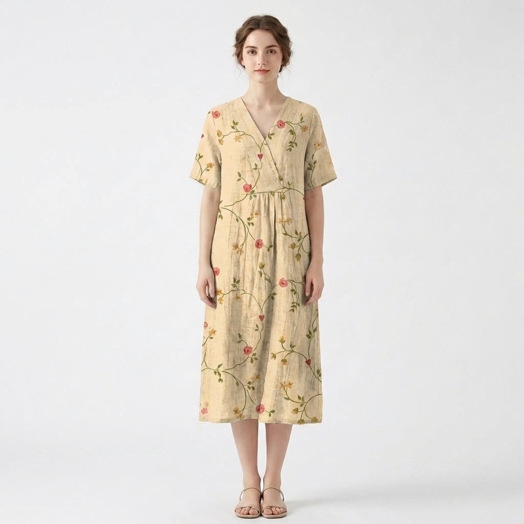 Women’s V Neck Midi Dress – Short Sleeve Floral