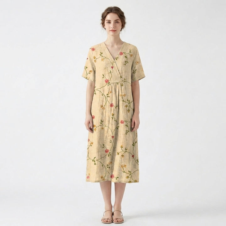 Women’s V Neck Midi Dress – Short Sleeve Floral