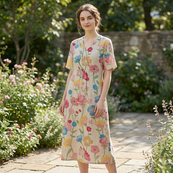 Women’s V Neck Midi Dress – Short Sleeve Floral