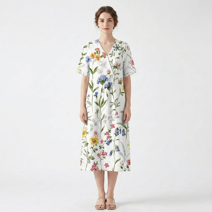Women’s V Neck Midi Dress – Short Sleeve Floral