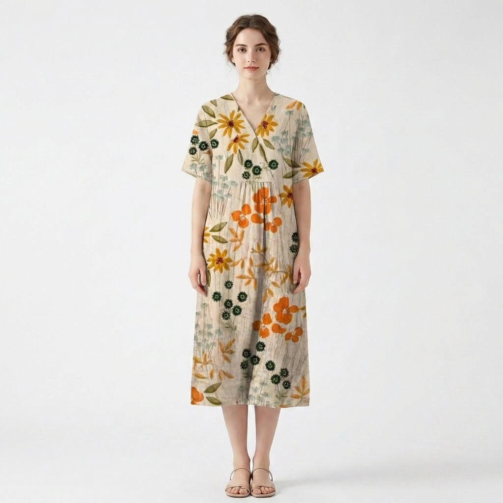 Women’s V Neck Midi Dress – Short Sleeve Floral
