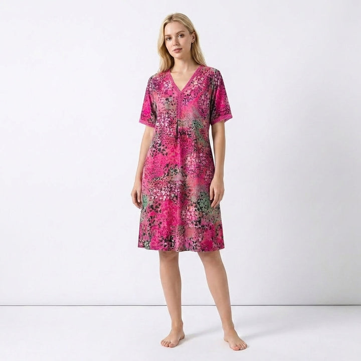 Women’s V Neck Midi Dress – Short Sleeve Printed