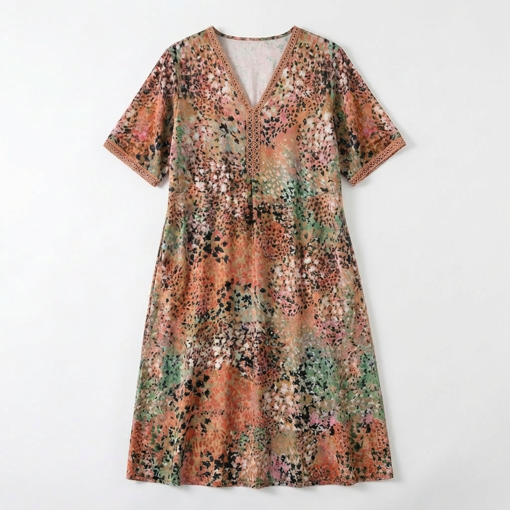 Women’s V Neck Midi Dress – Short Sleeve Printed