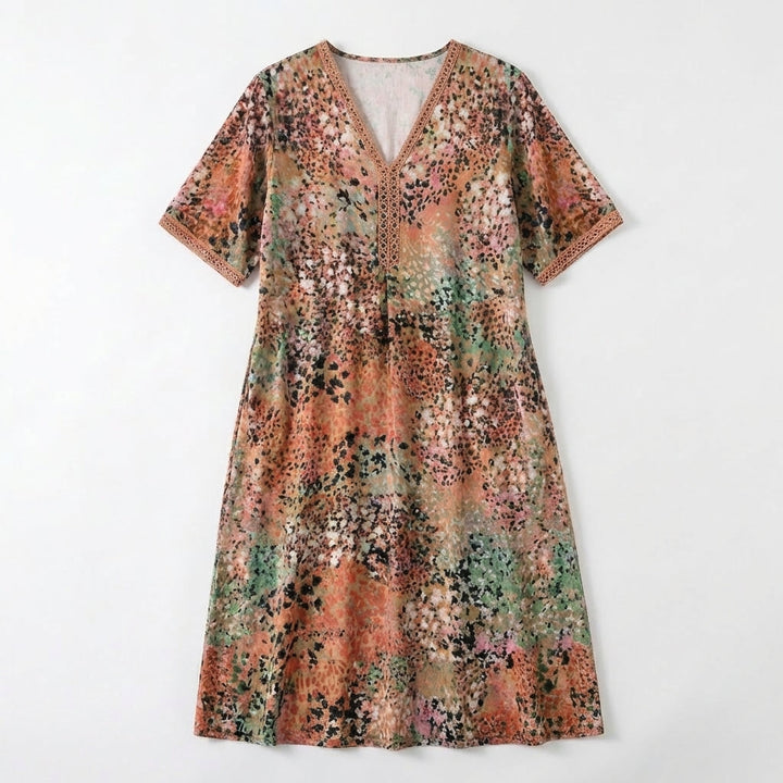 Women’s V Neck Midi Dress – Short Sleeve Printed