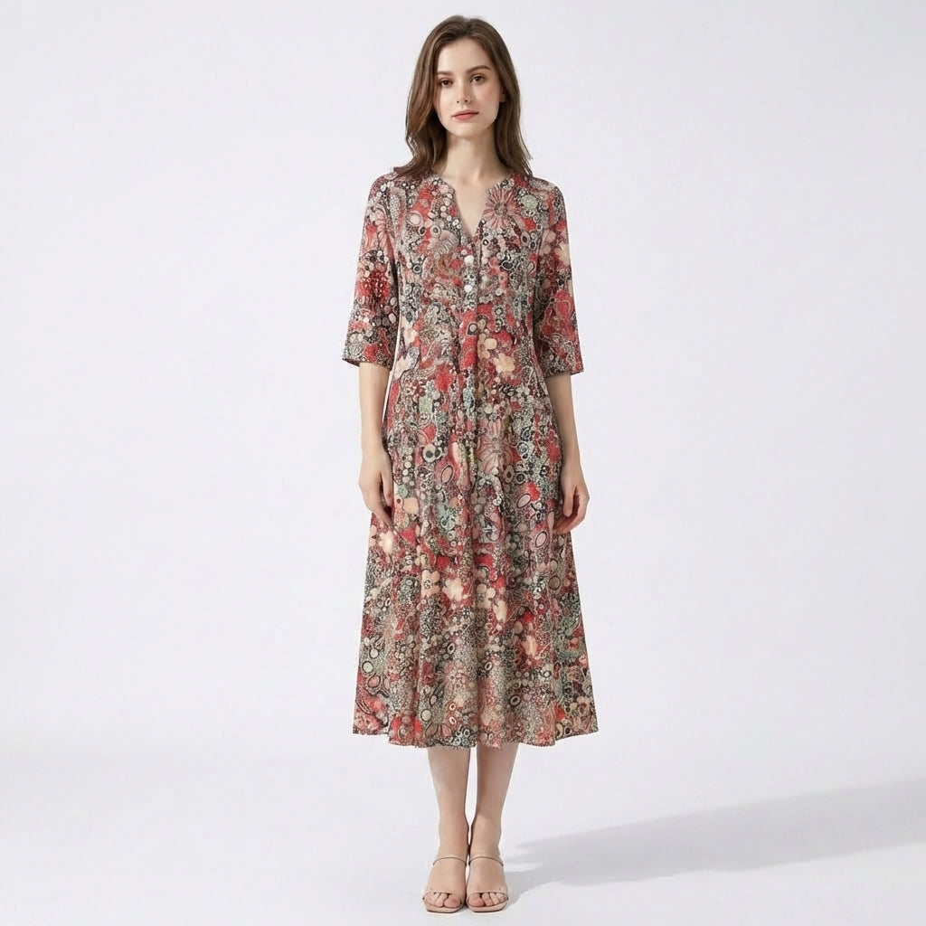 Women’s V Neck Midi Dress – Three Quarter Sleeve Printed