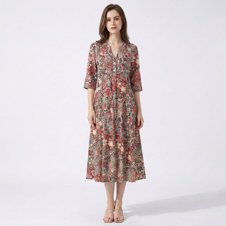 Women’s V Neck Midi Dress – Three Quarter Sleeve Printed
