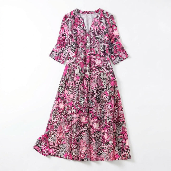 Women’s V Neck Midi Dress – Three Quarter Sleeve Printed