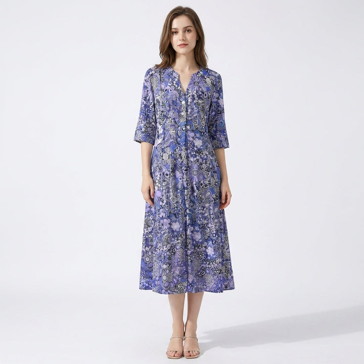 Women’s V Neck Midi Dress – Three Quarter Sleeve Printed